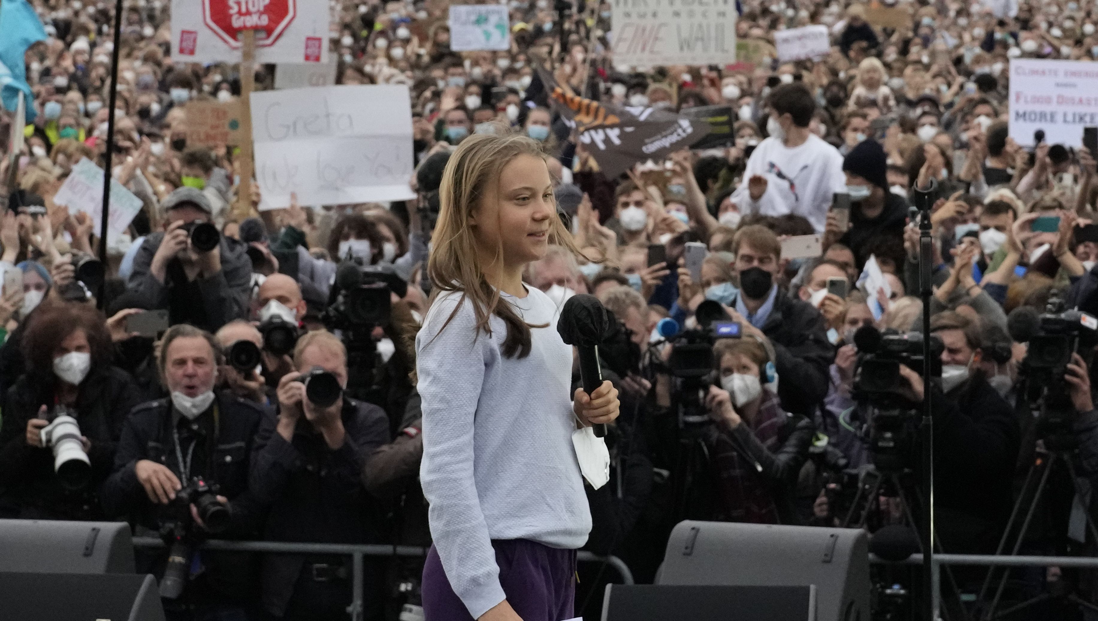 Greta Thunberg addresses a crowd in Berlin, Germany, as part of the Global Climate Strike