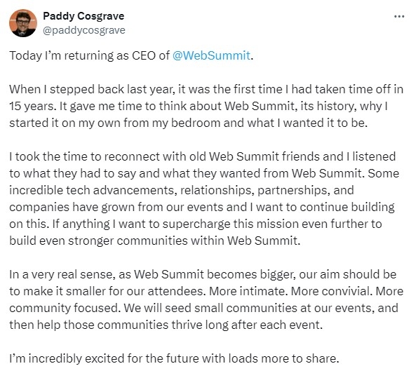 Publicação de Paddy Cosgrave, no X, anunciando o retorno